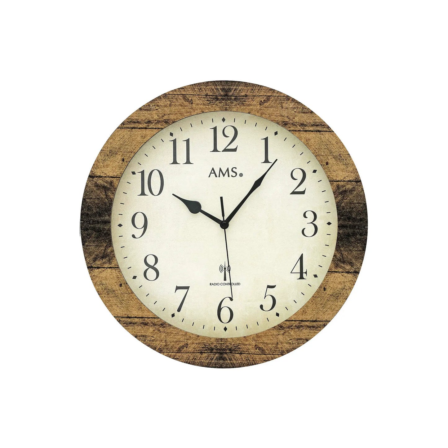 Wanduhr mit rundem Holzrahmen (Nussbaum) und weißem Zifferblatt, gut lesbare Zahlen