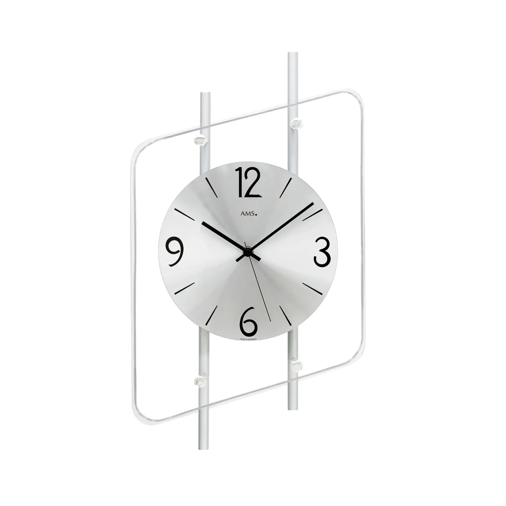 Wanduhr mit silbernem Aluminium-Zifferblatt, transparentem Rahmen und Funkwerk
