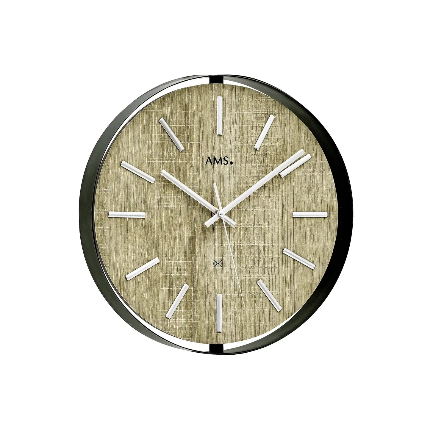 AMS Funk-Wanduhr rund mit gold-beigem Ziffernblatt, silbernen Balkenindizes und Uhrwerk