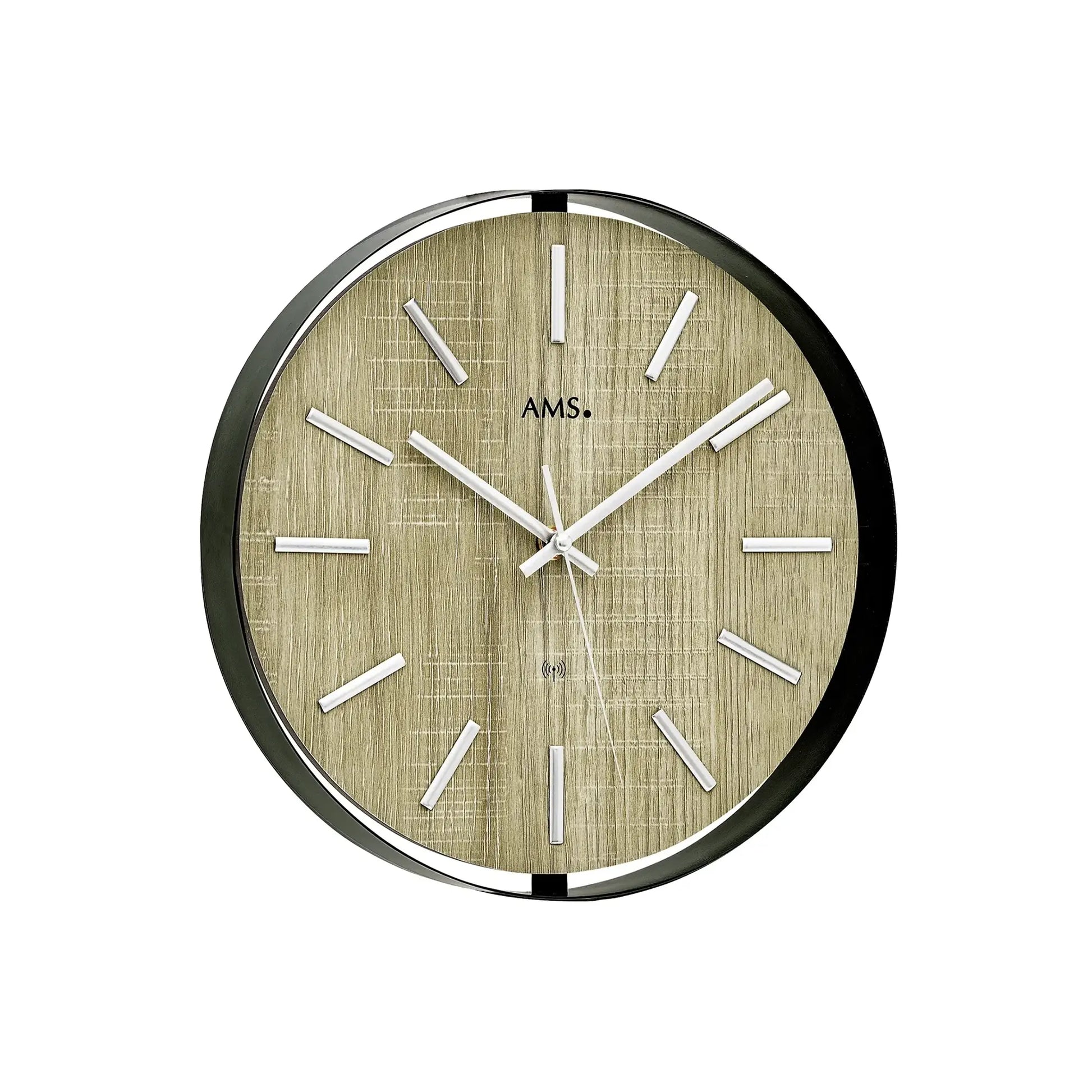 AMS Funk-Wanduhr rund mit gold-beigem Ziffernblatt, silbernen Balkenindizes und Uhrwerk