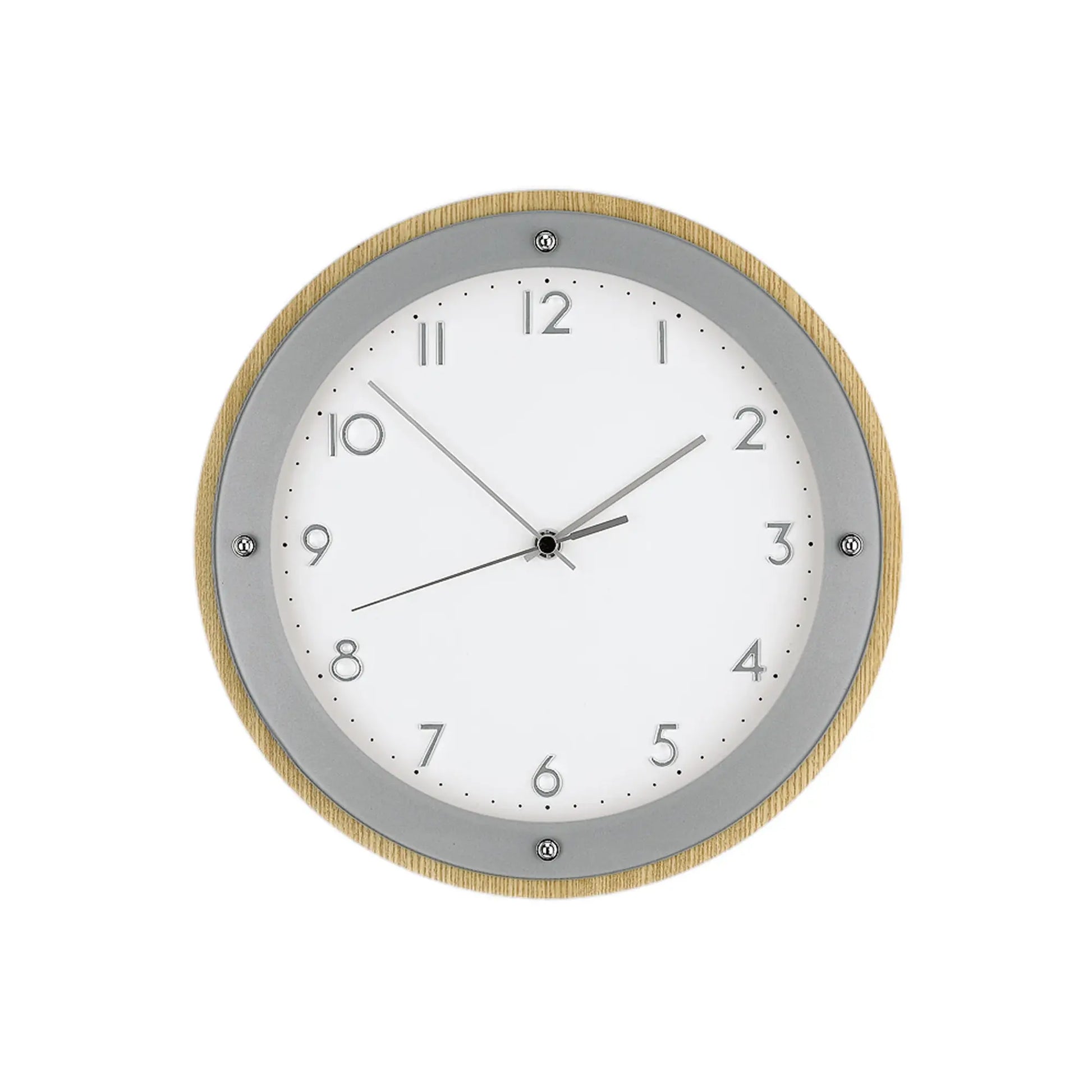 Wanduhr mit furniertem Holzrahmen, grauem Ziffernblatt und arabischen Ziffern