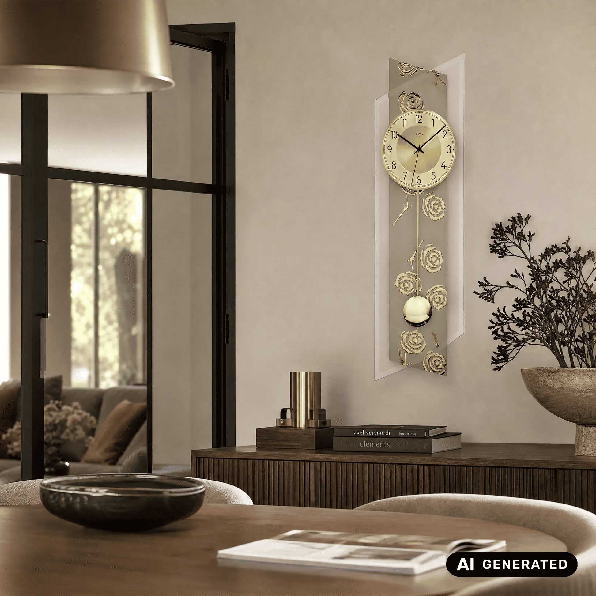 Wanduhr im Mineralglas mit goldenen Rosenapplikationen und Pendel