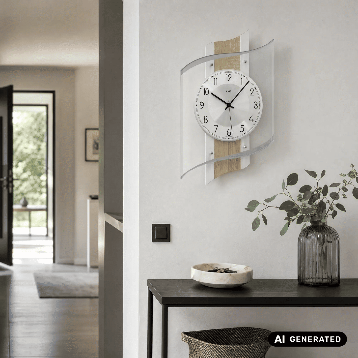 Wanduhr mit rundem weißem Zifferblatt, schwarzen Zeigern, Aluminiumrahmen und Holzoptik