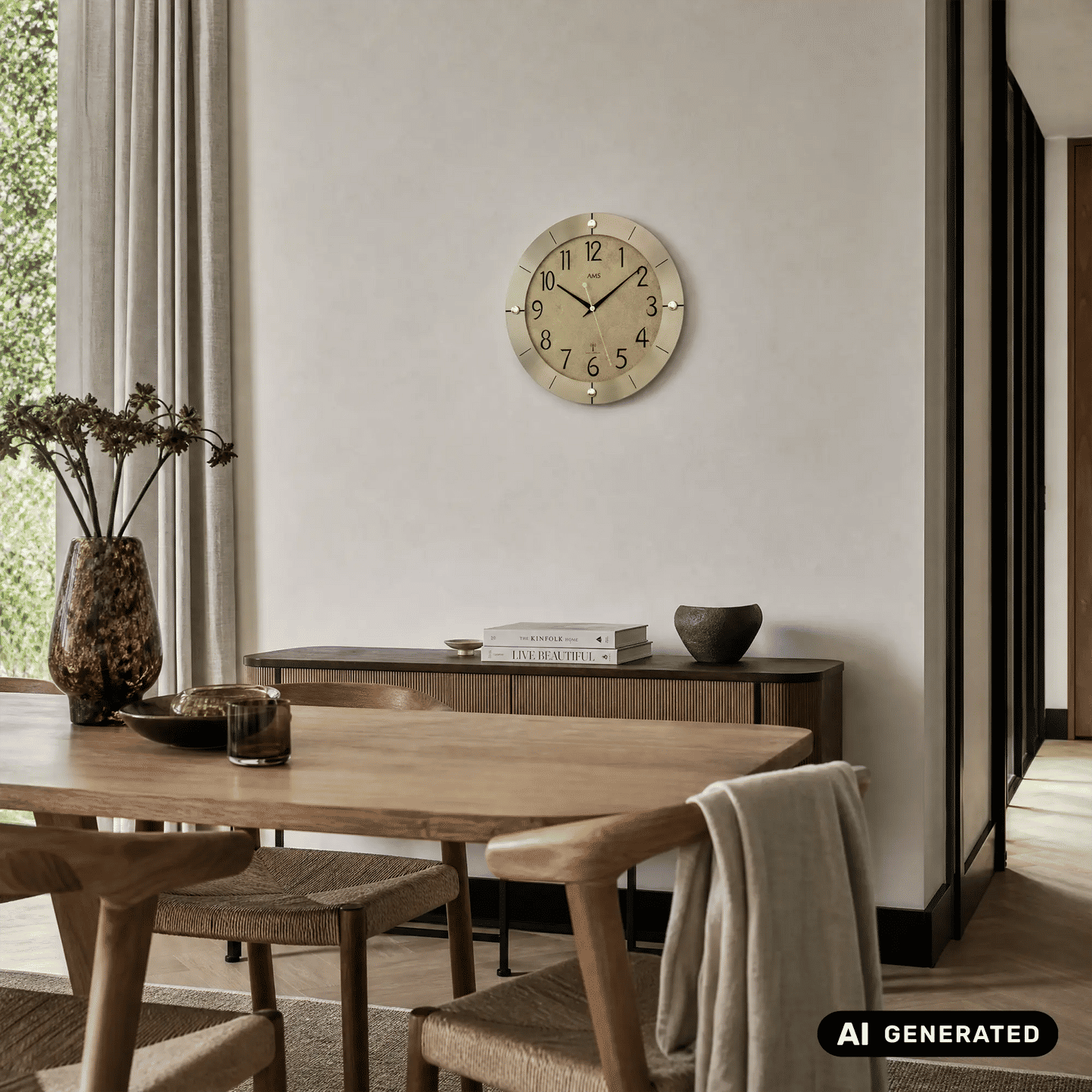 Wandmontierte AMS Funk-Wanduhr im Messingantik-Look mit großen Ziffern