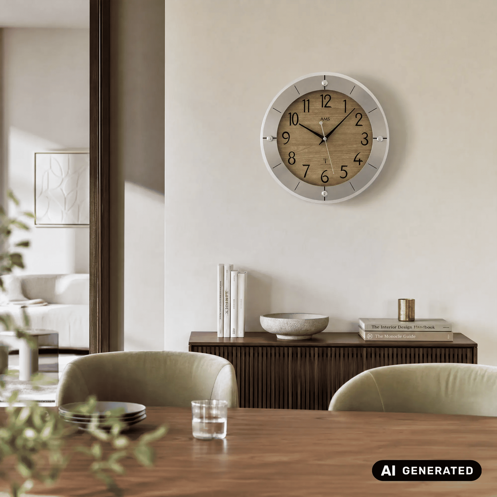 Wanduhr an der Wand: weißer Rahmen mit Kugeln am Rand, Holz-Zifferblatt, schwarze Zeiger