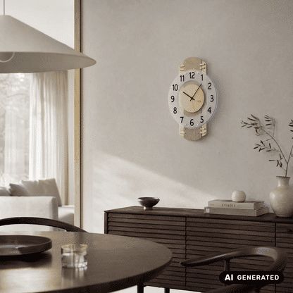 Funk-Wanduhr an der Wand: rundes Ziffernblatt mit römischen Zahlen und Messingantik-Holzgehäuse