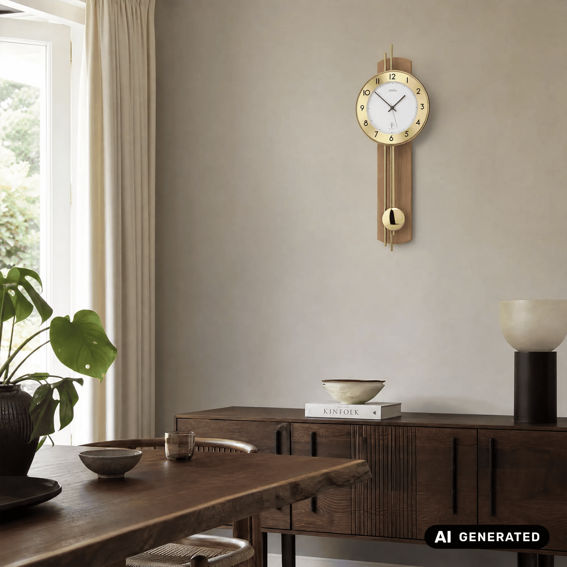 Wanduhr an der Wand mit Holzgehäuse, goldfarbenem Pendel und arabischen Ziffern