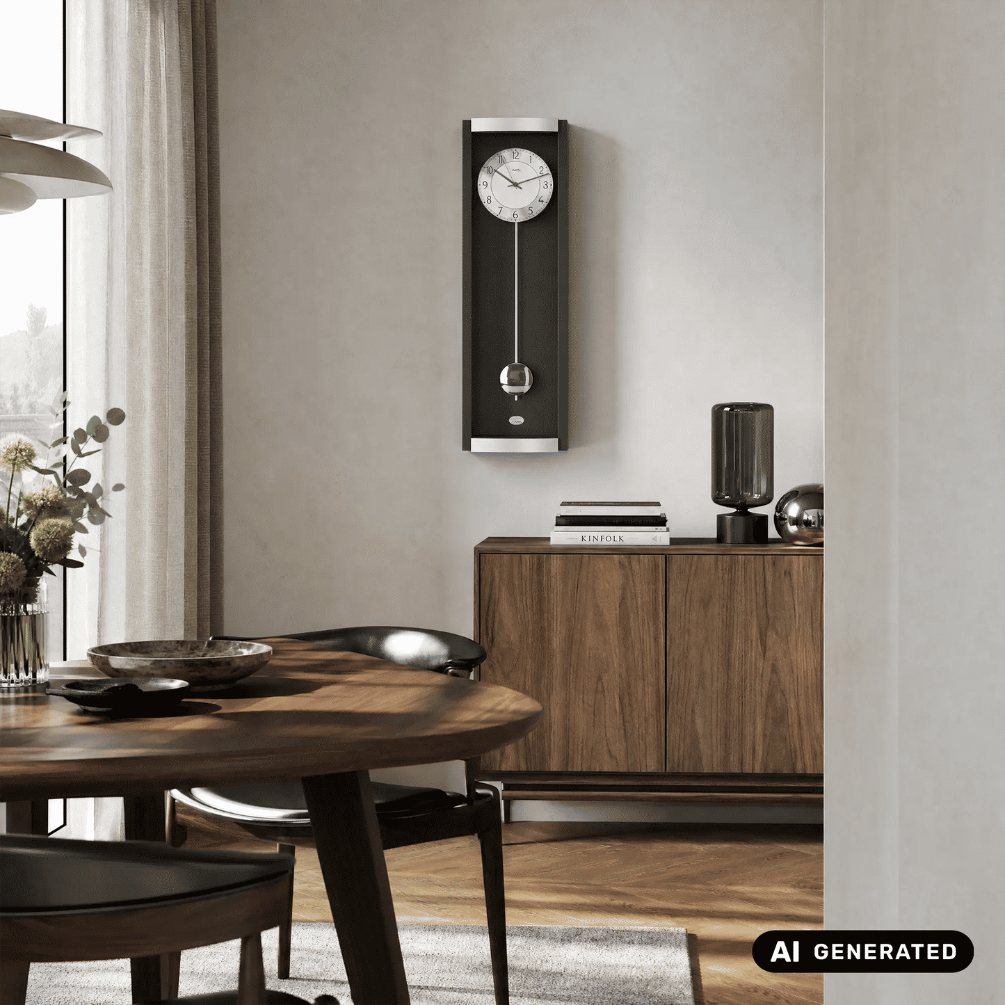 Schwarze Pendel-Wanduhr an der Wand mit runder Pendelkugel und Zeigern