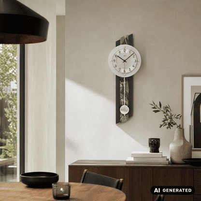 Wanduhr am Wandpaneel mit rundem Zifferblatt und Pendelkugel im Mineralglasfenster