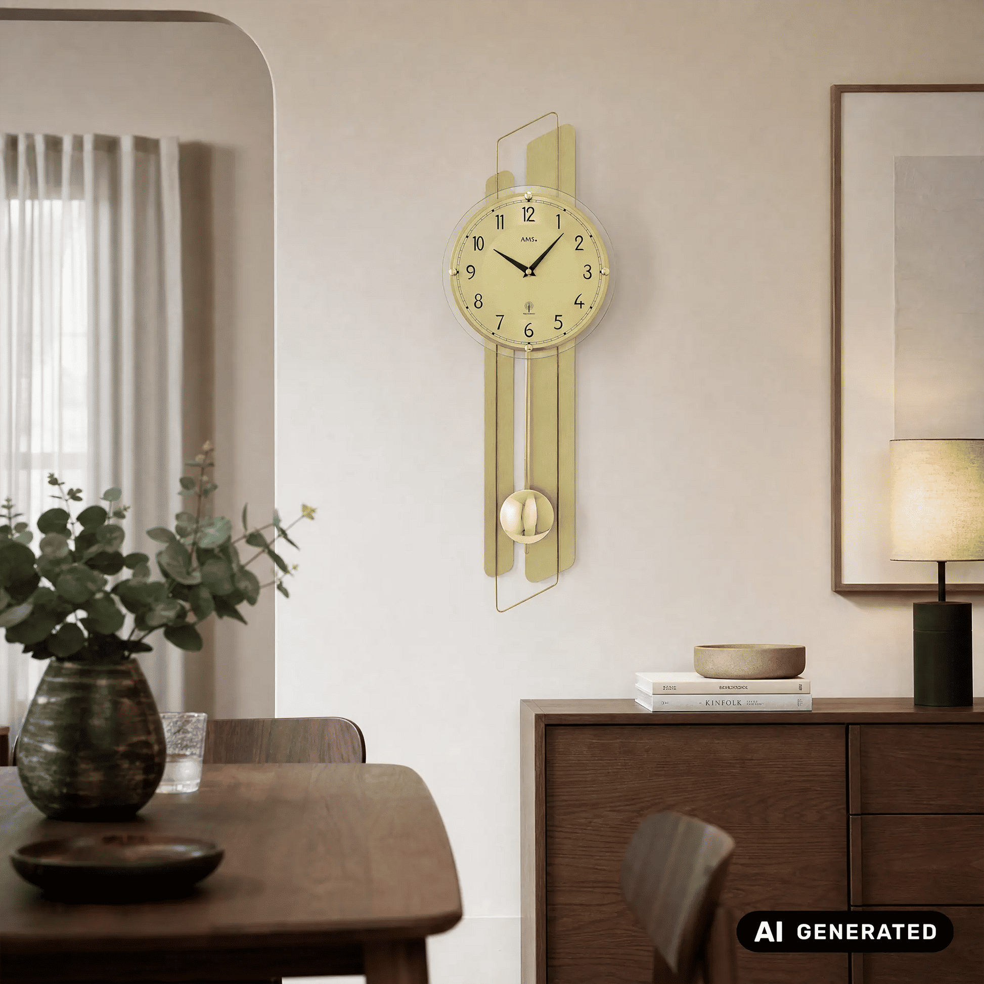 Wanduhr AMS an der Wand: Messingoptik, rundes Glas-Ziffernblatt und Pendelanhänger