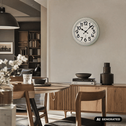 Wanduhr an der Wand mit mintfarbenem Rahmen, Mineralglas, schwarzen Zeigern, AMS
