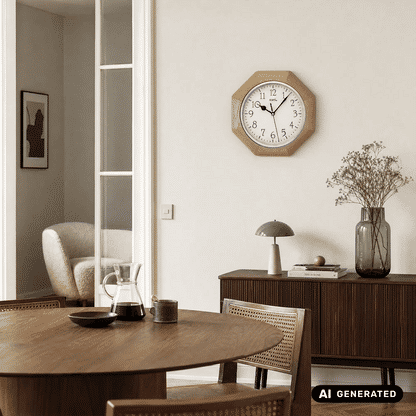 Wanduhr mit Holzgehäuse und weißem Zifferblatt, schwarz markiert, an der Wand