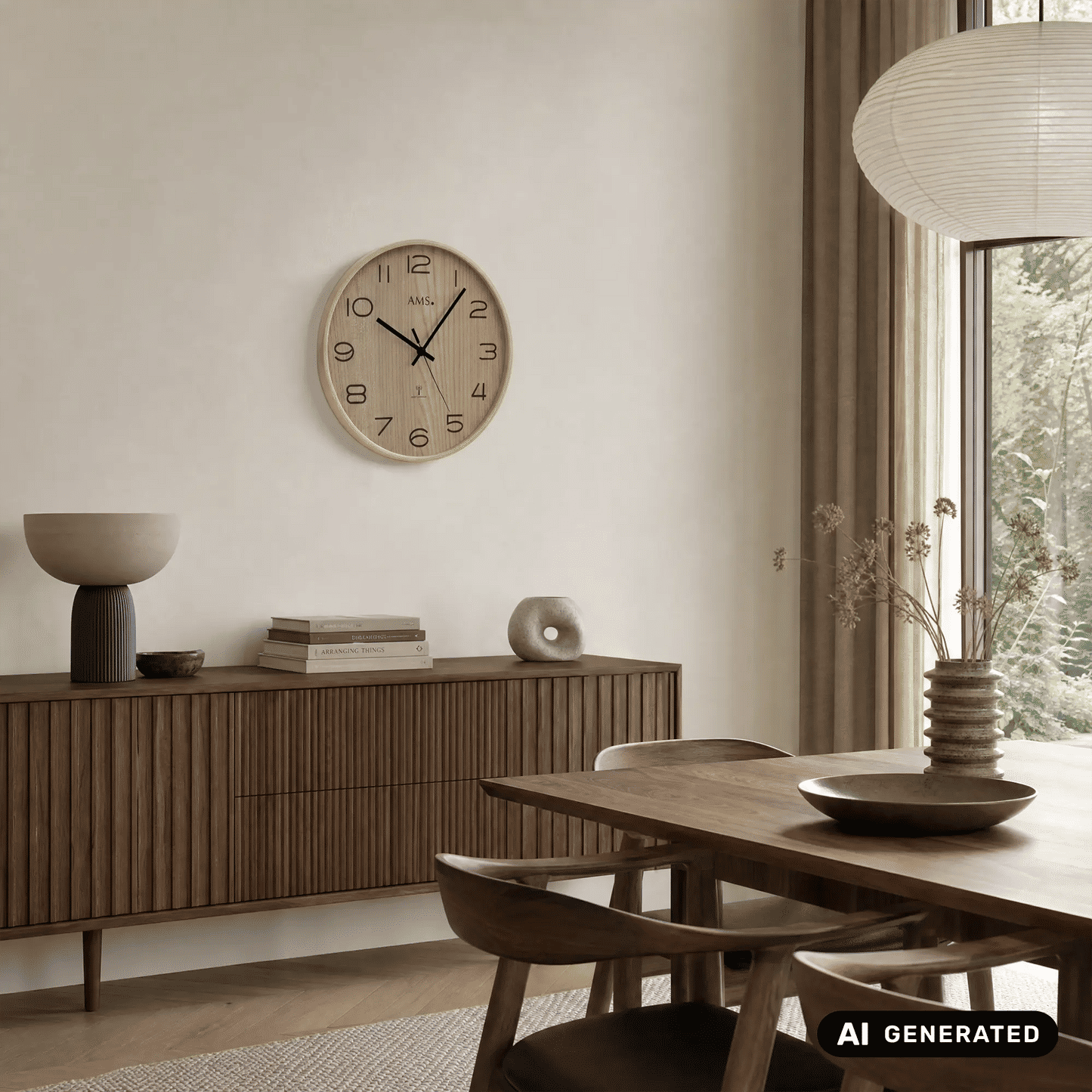 Wanduhr mit Holzgehäuse an heller Wand, schwarze Zeiger und AMS-Logo
