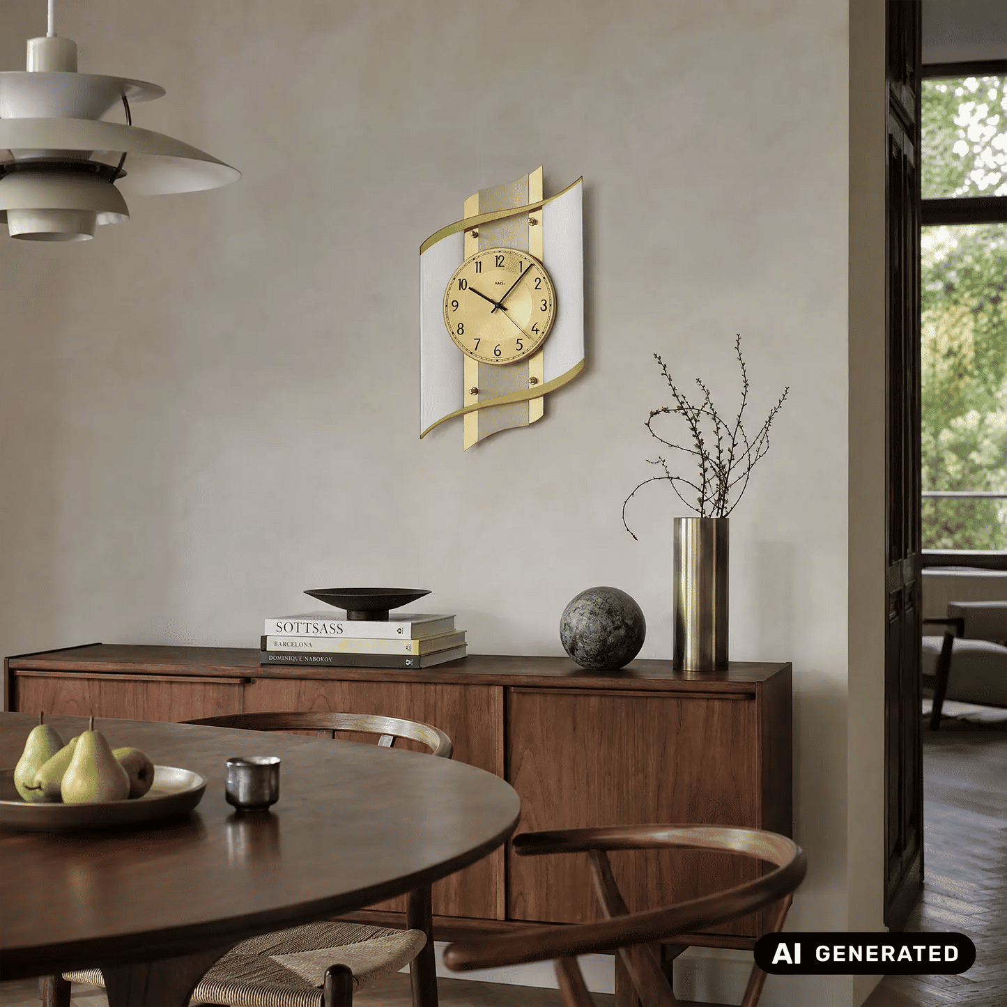 Moderne Funk-Wanduhr mit goldenen Akzenten und rundem beigem Zifferblatt