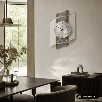 AMS Heidelberg Wanduhr mit rundem Zifferblatt und Glasfront auf Holz-/Steinplatte