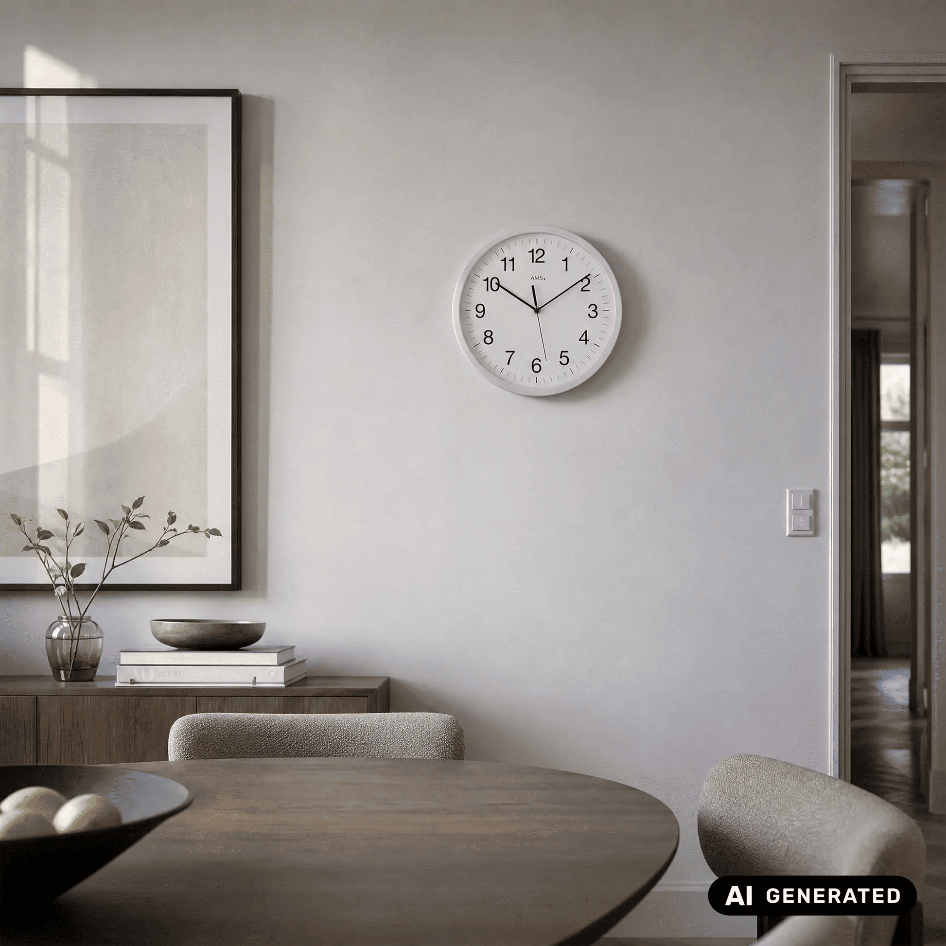 Funk-Wanduhr an der Wand: silbernes Gehäuse, weißes Zifferblatt mit arabischen Ziffern