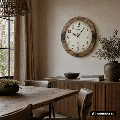 Wanduhr an der Wand mit nussbaumfarbenem Rahmen und weißem Zifferblatt