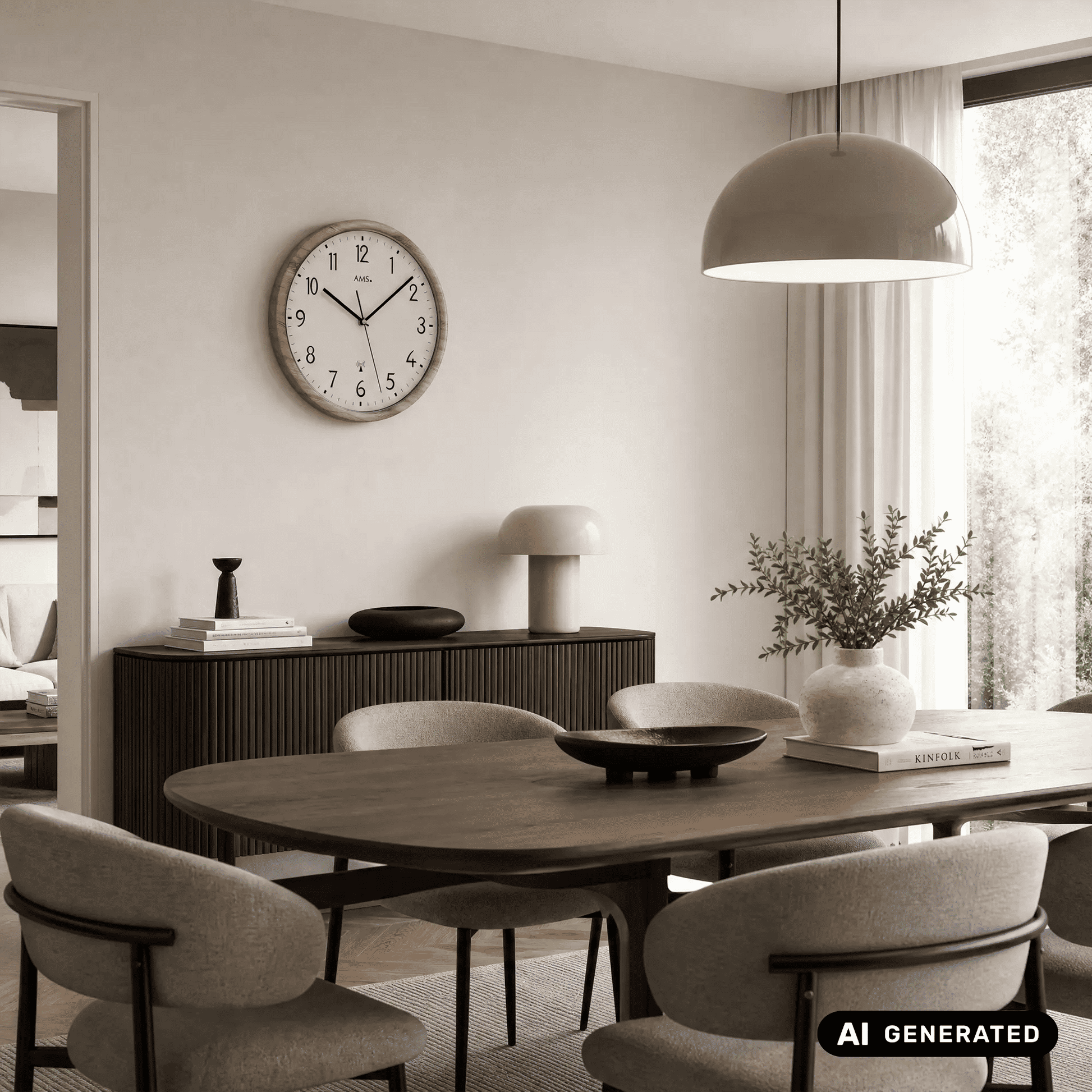 Funk-Wanduhr mit Holzrahmen, weißem Ziffernblatt und Mineralglas an der Wand