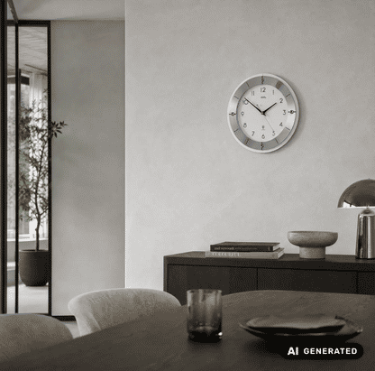 Wanduhr mit silbernem Metallring und weißem Zifferblatt, schwarze Zeiger und Indexe