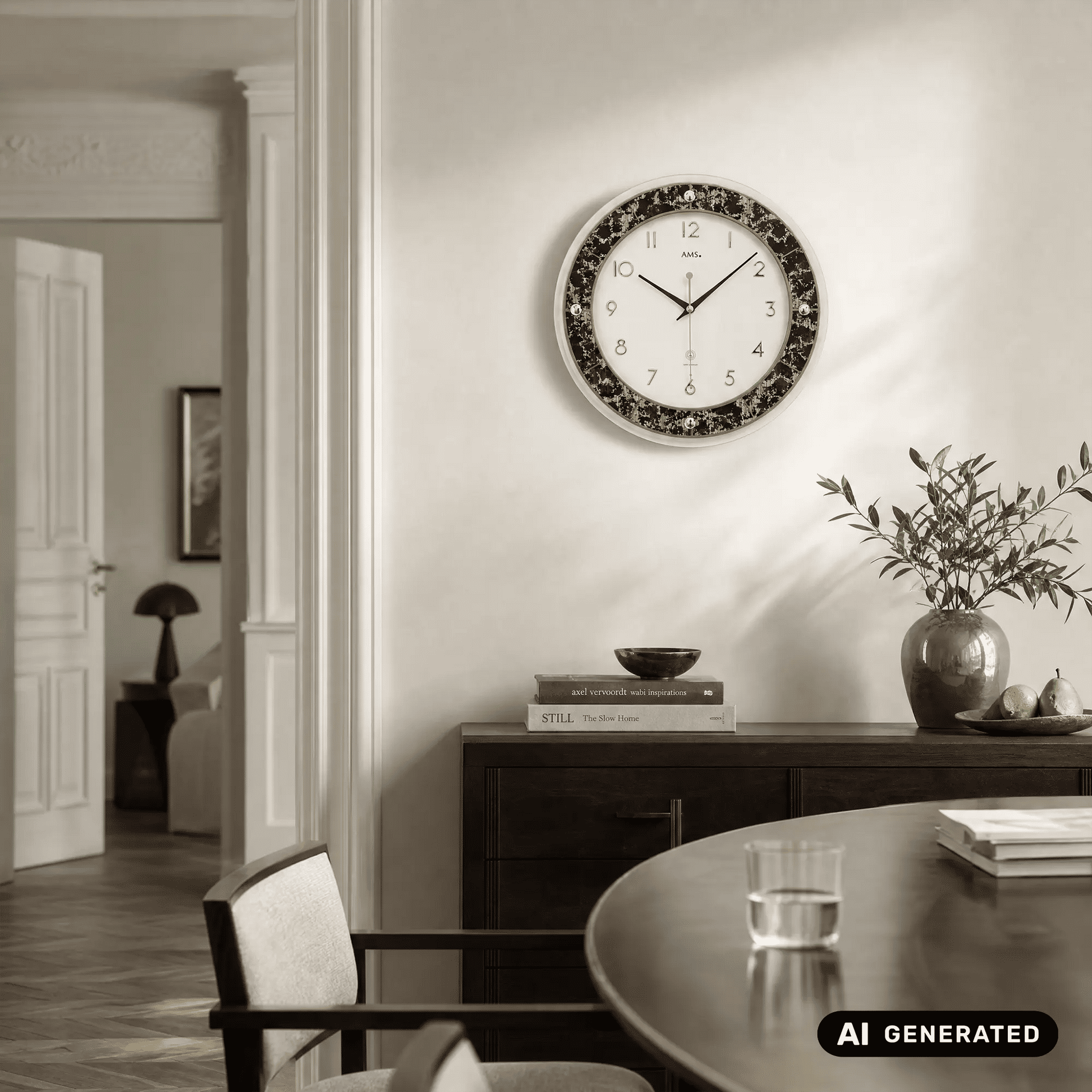 Wanduhr an Wand montiert, rundes Design mit braun-goldenem Rand und goldenen Zeigern