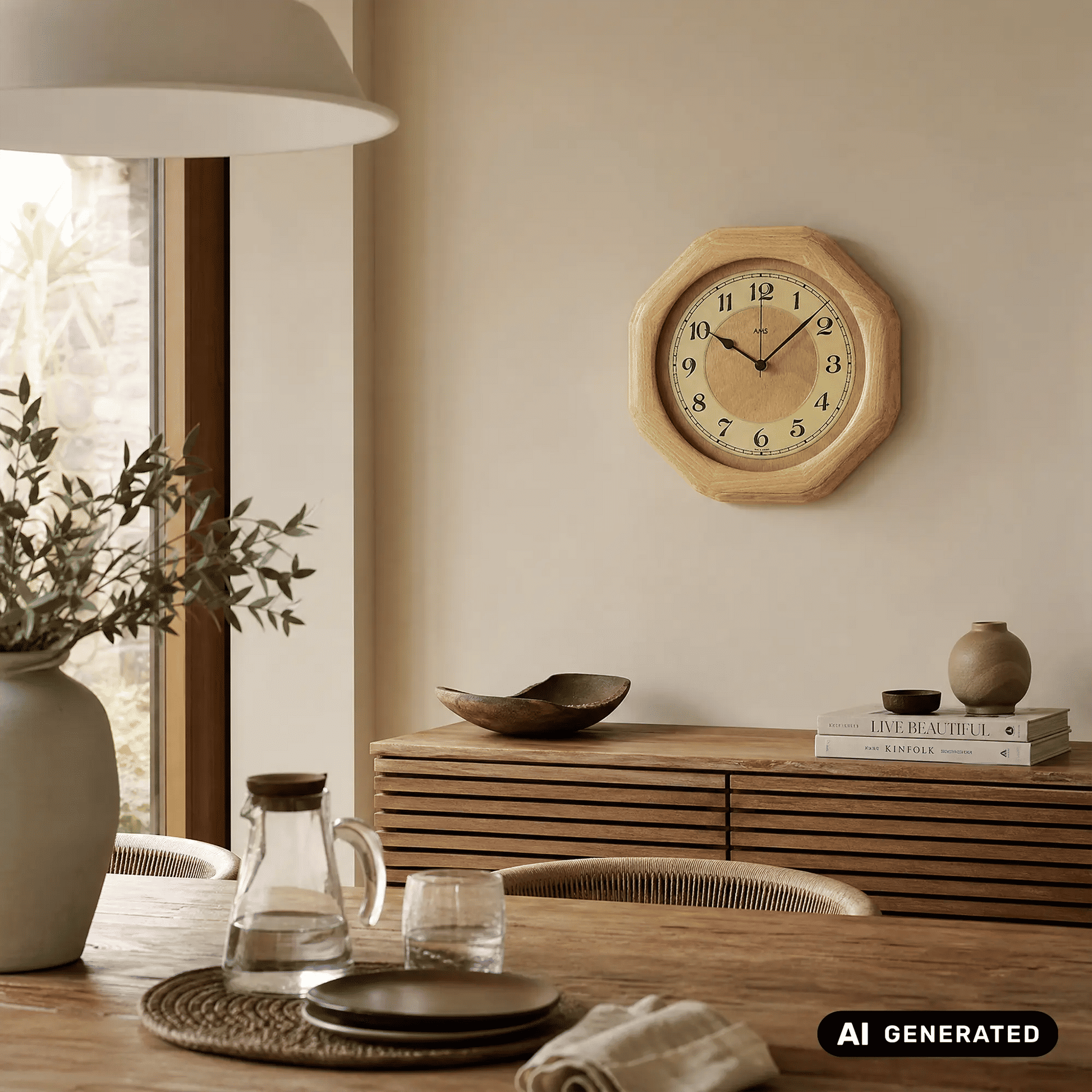 Wanduhr mit hellem Holzgehäuse in Achteckform, analoges Zifferblatt mit schwarzen Zeigern