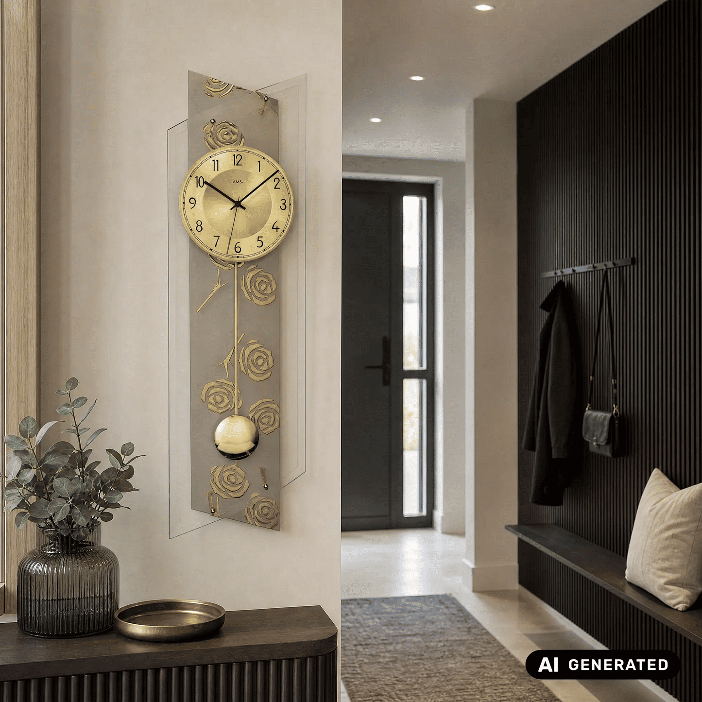 Wanduhr im Mineralglas mit goldenem Ziffernblatt, Rosenbordüre und Pendelknopf