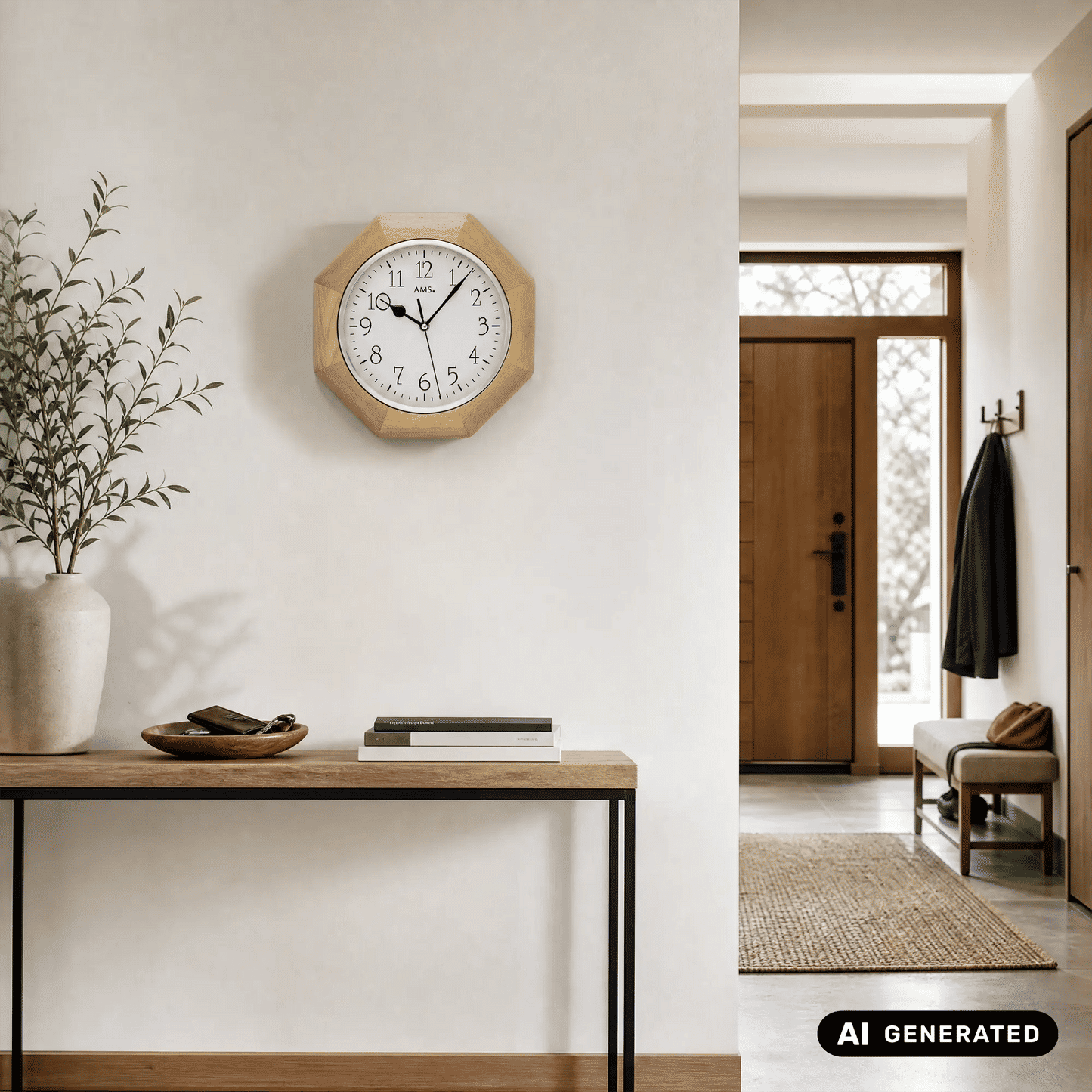 Buchenholz-Wanduhr im Hexagon-Design mit weißem Zifferblatt und schwarzen Zahlen