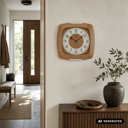 Wanduhr aus hellem Holz mit weißem Zifferblatt und schwarzen Zeigern