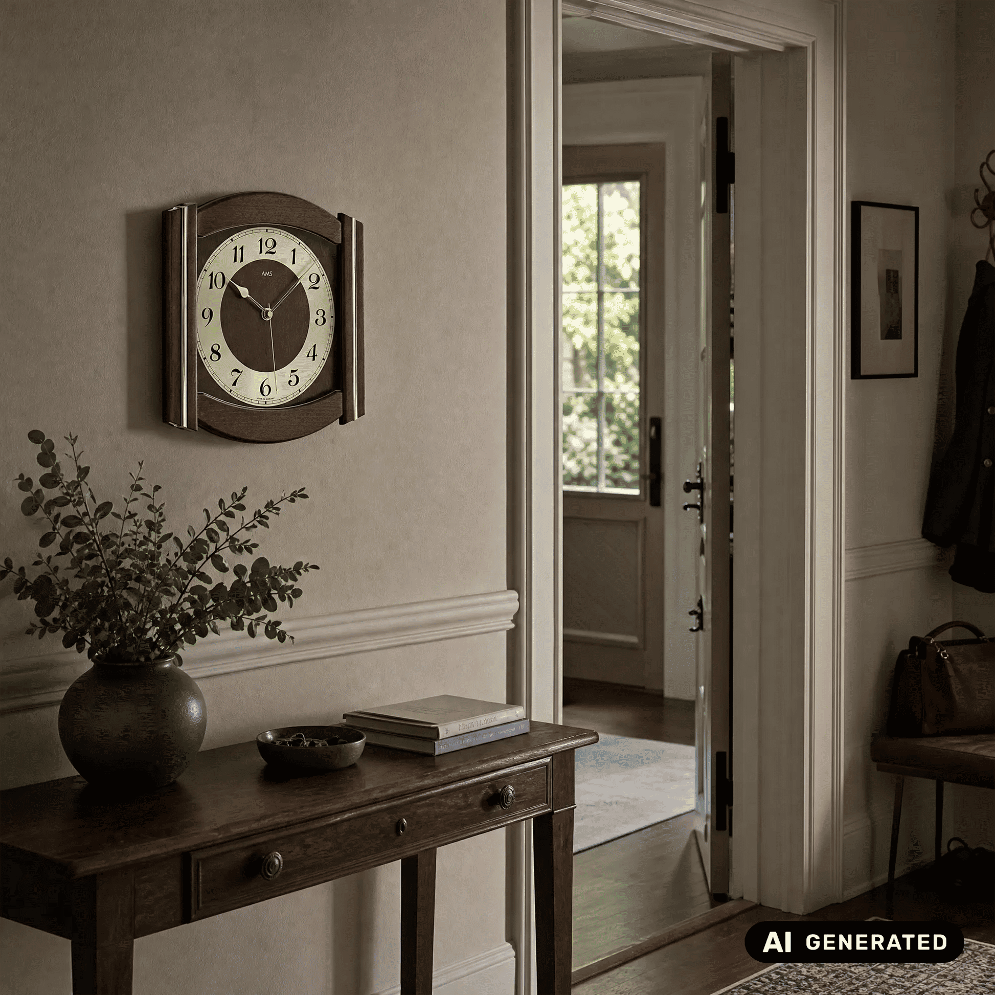 Wanduhr an der Wand mit Nussbaum-Holzgehäuse, Mineralglas und braunem Zifferblatt