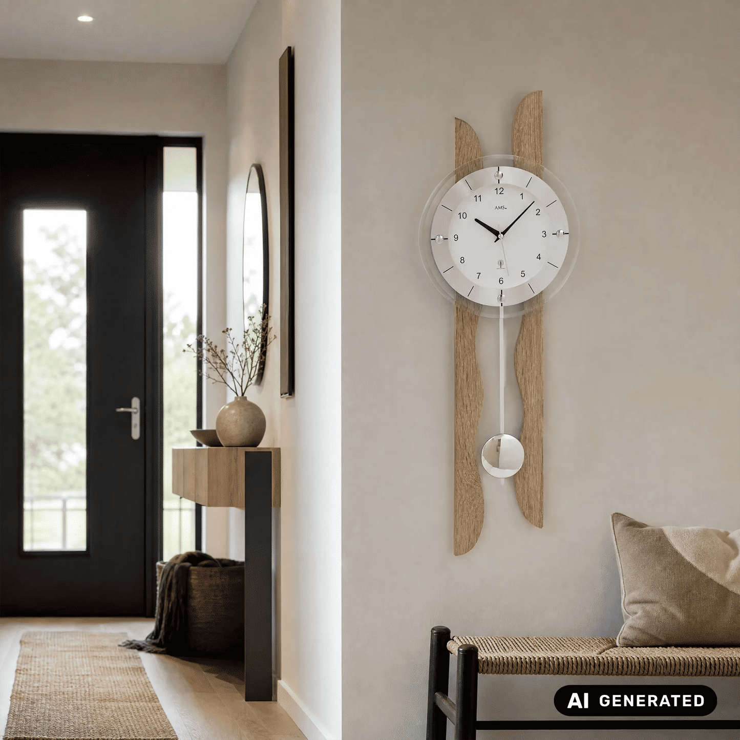Wanduhr an der Wand mit weißem Zifferblatt, Holzrahmen und Pendelkugel