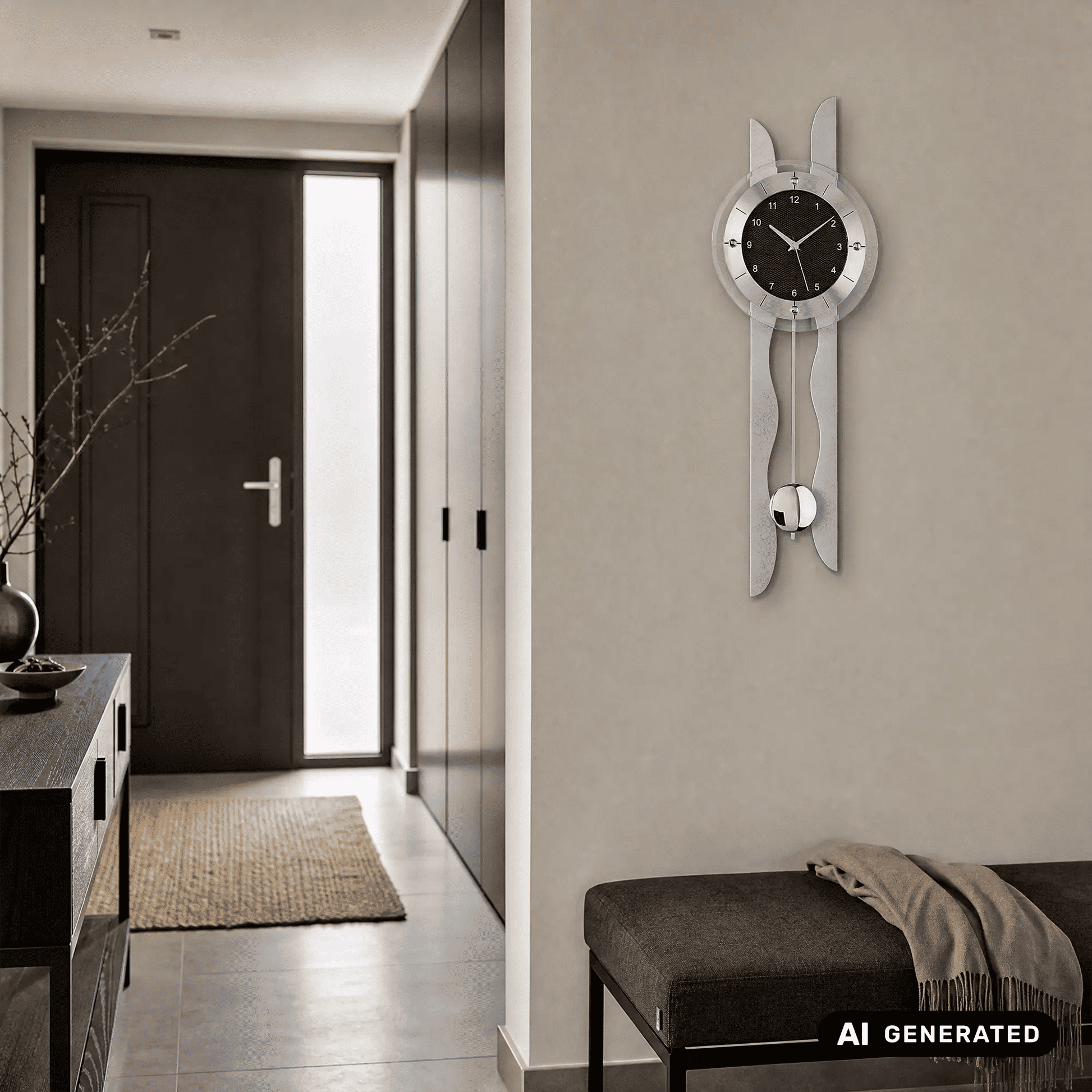 Wanduhr mit silbernen Elementen, rundes schwarzes Zifferblatt und zwei Pendelgewichte