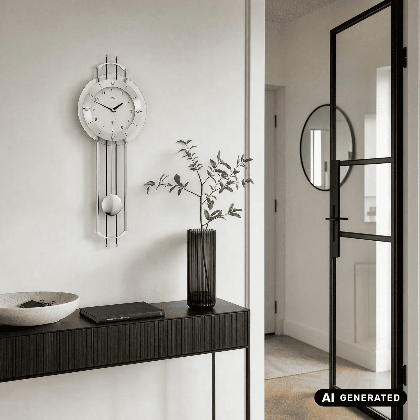 Wanduhr mit rundem Gehäuse und silbernen Stäben, angebrachtes Pendel