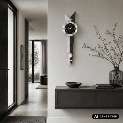 Wanduhr an der Wand mit rundem Zifferblatt, schwarzen Segmenten und schieferfarbenem Mittelteil
