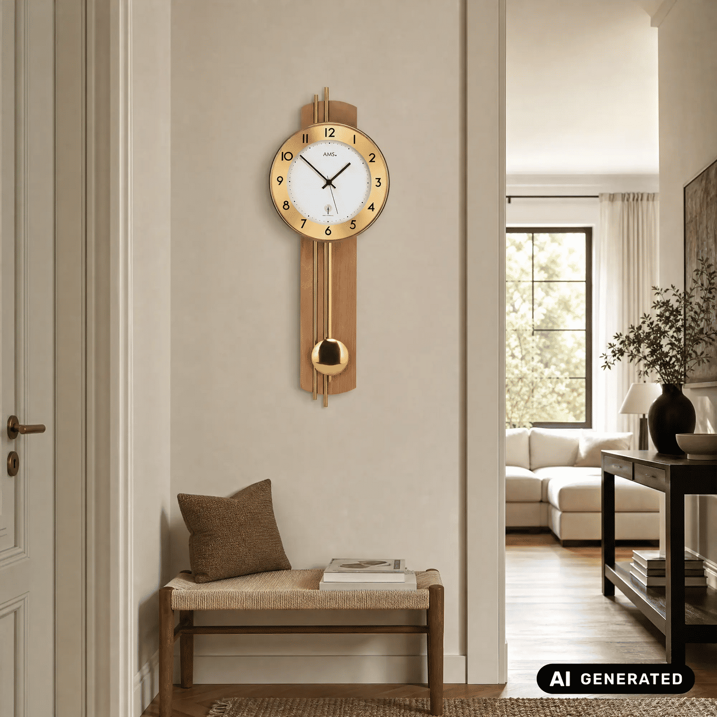 Wanduhr an der Wand mit Holzgehäuse und goldfarbenem Pendel, arabische Ziffern
