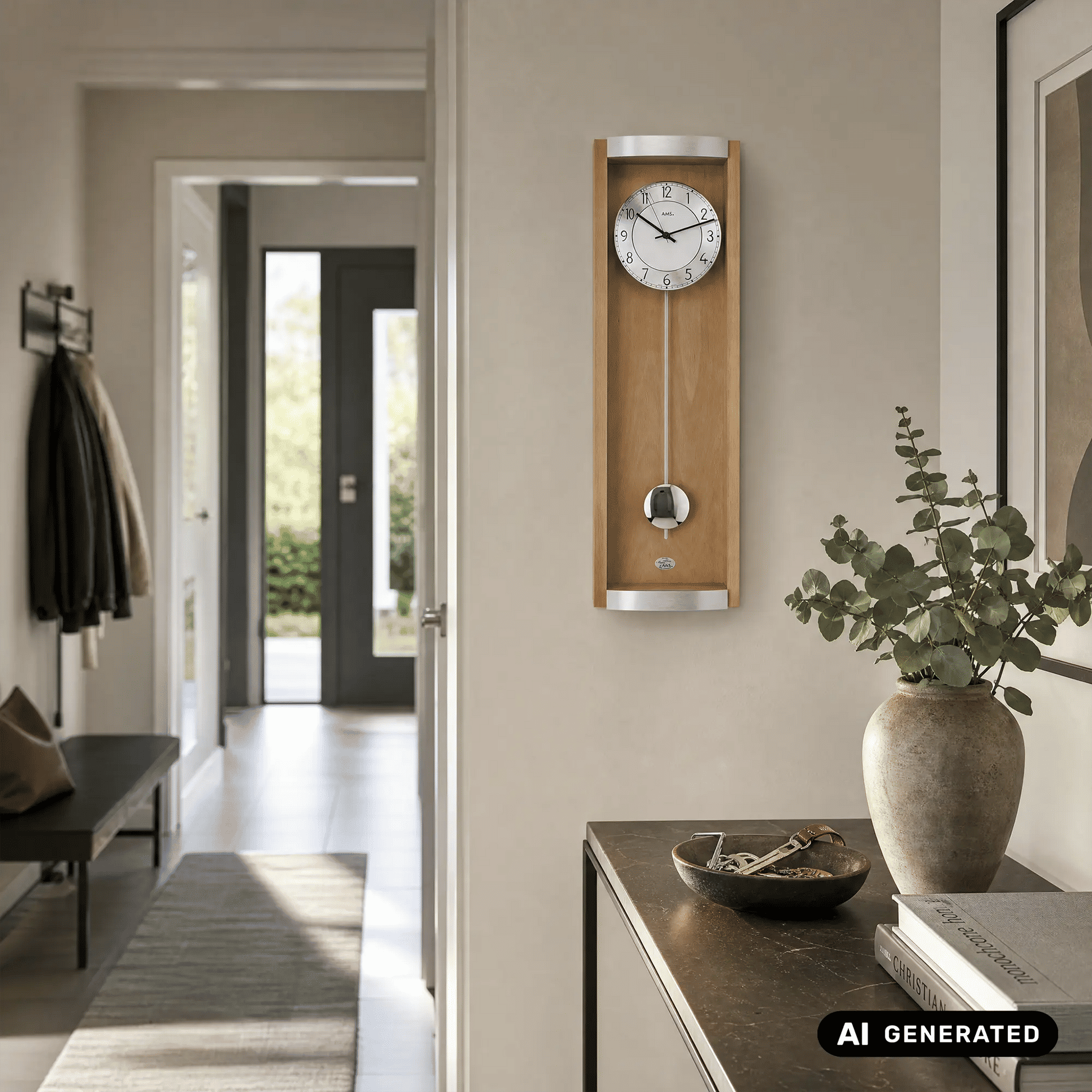 Funk-Pendeluhr an der Wand mit Buchenholzgehäuse, rundem weißem Zifferblatt und Pendel