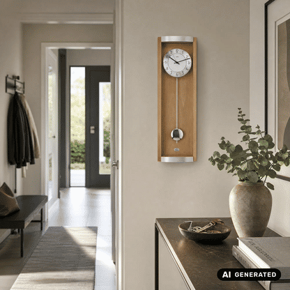 Funk-Pendeluhr an der Wand mit Buchenholzgehäuse, rundem weißem Zifferblatt und Pendel