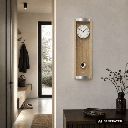Wanduhr an Wand mit Eiche-Holzrahmen, analoge Uhr und silbernem Pendelknopf