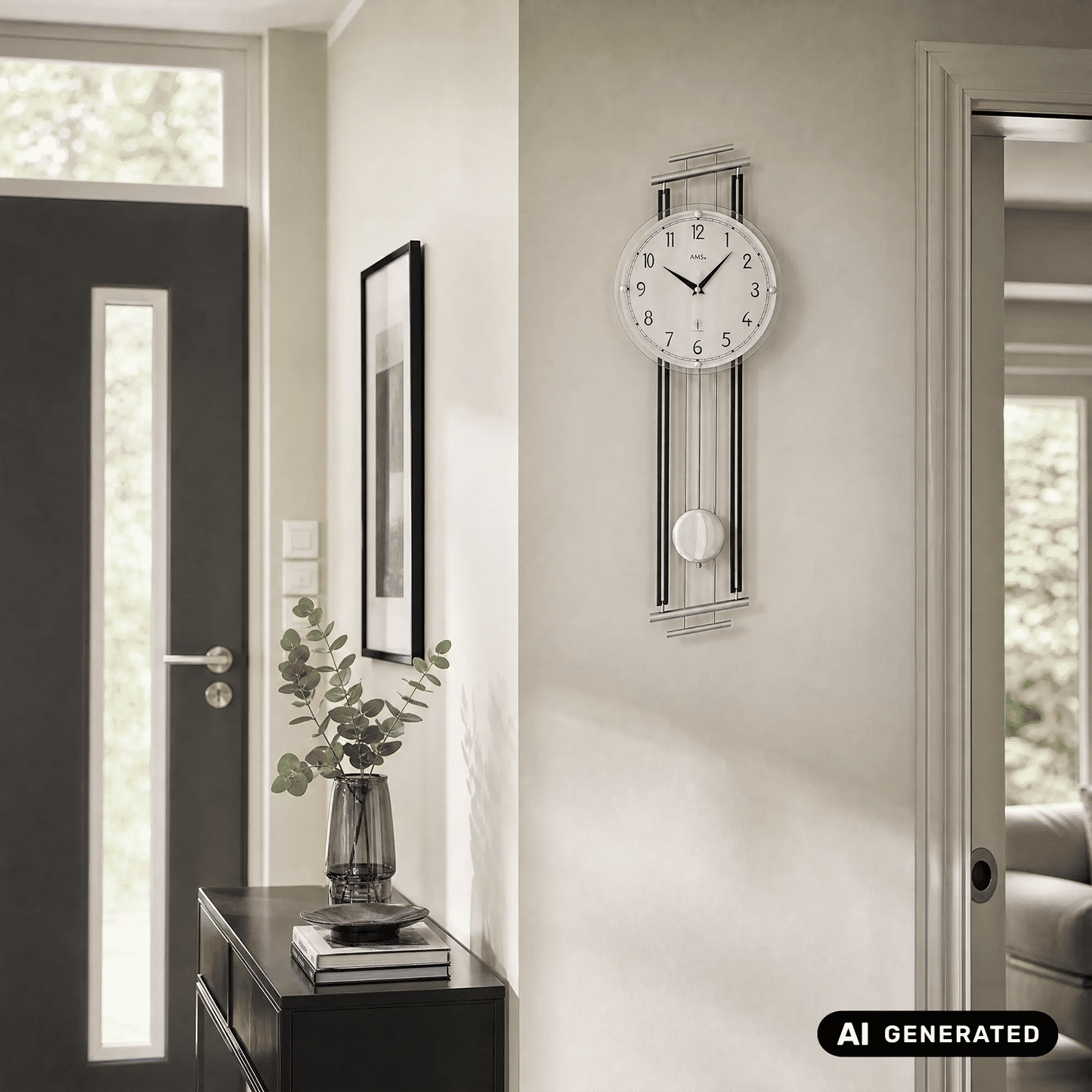 Wanduhr mit rundem Zifferblatt, Pendel und silbernem Rahmen für die Wand