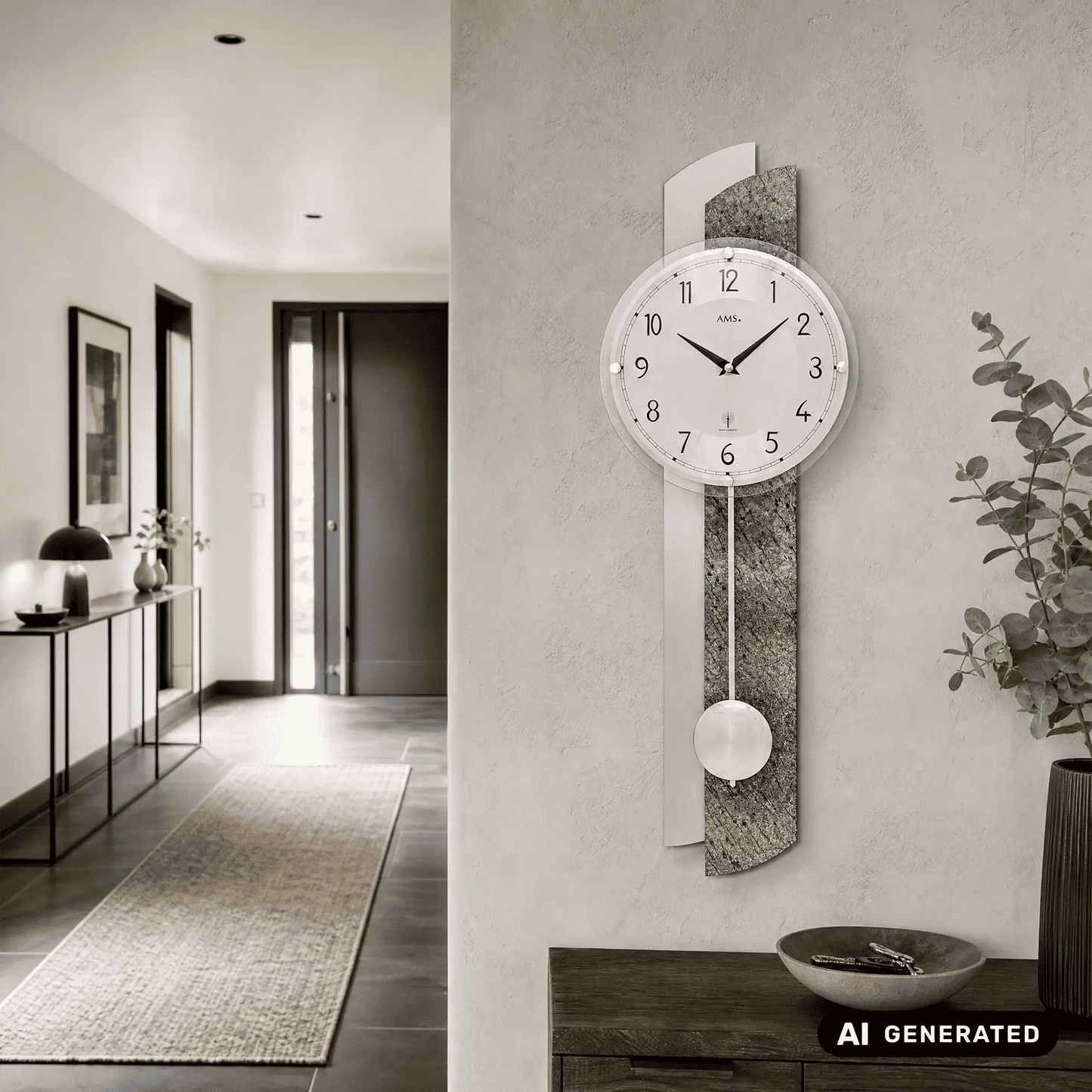 Wanduhr mit rundem Glasziffernblatt und Pendelpendel, an grauem Steinpaneel befestigt
