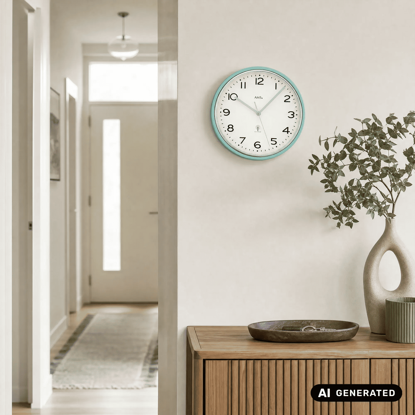 Wanduhr an der Wand mit türkisfarbenem Rand und weißem Zifferblatt, silbernen Zeigern
