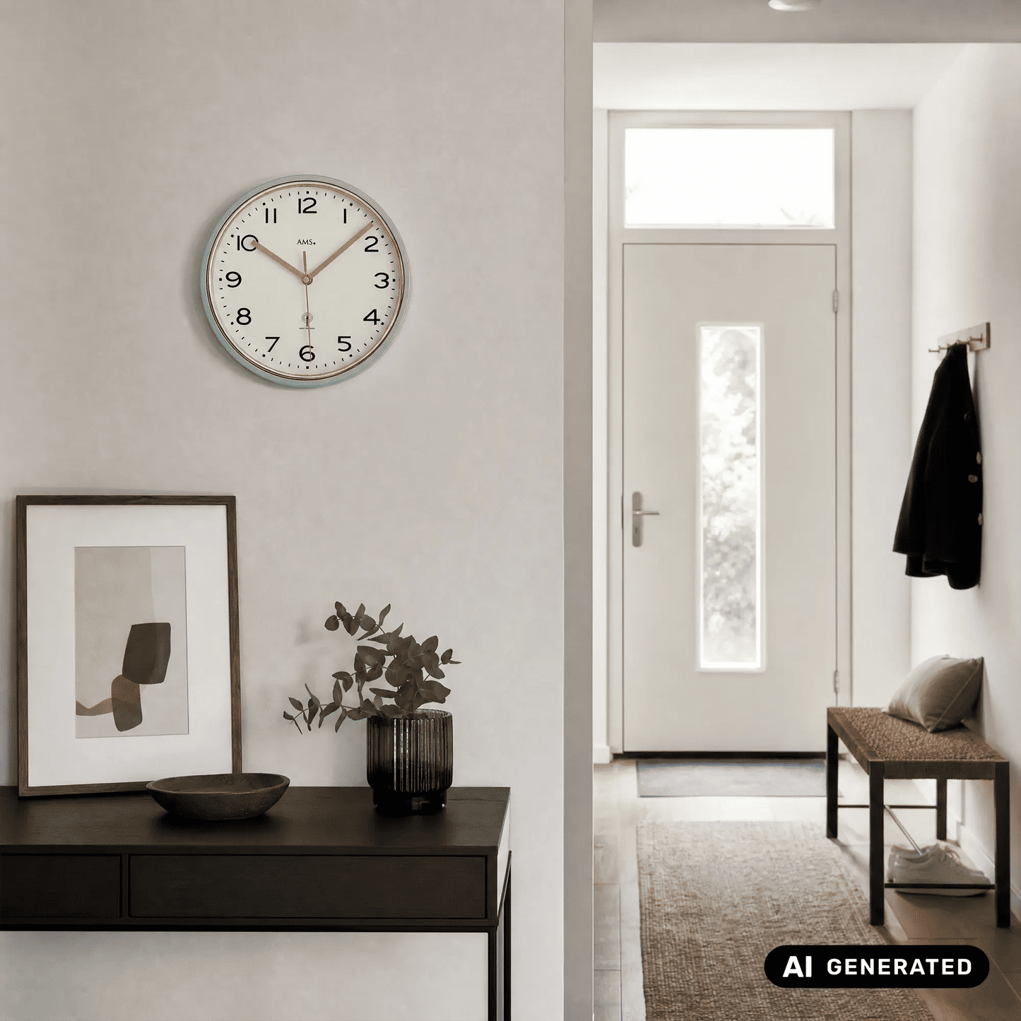 Wanduhr mit türkisfarbener Einfassung und orangefarbenen Zeigern auf weißem Zifferblatt