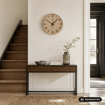 AMS-Wanduhr mit rundem Naturholz-Gehäuse, schwarzen Zahlen und Zeigern, Mineralglas.