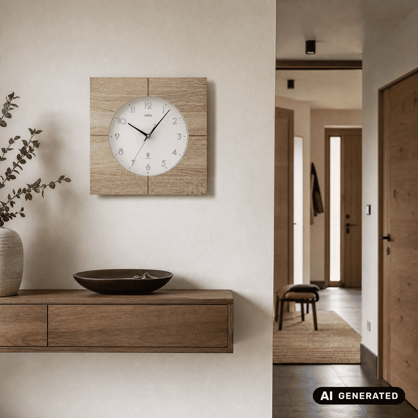 Wanduhr Sonoma-Eiche von AMS an der Wand über Sideboard, rundes Mineralglas-Ziffernblatt