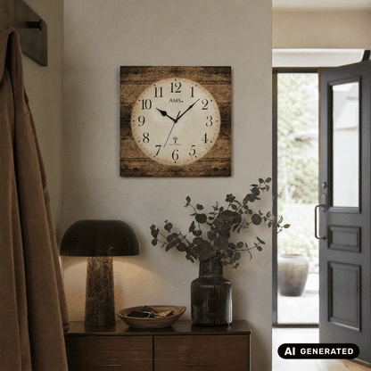 AMS Wanduhr mit Holzstrukturrahmen und Mineralglas, römische Ziffern, Funkuhr