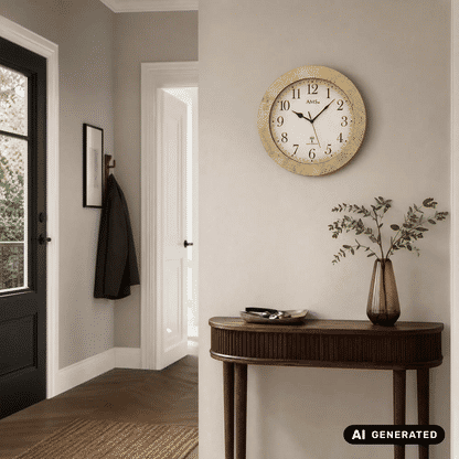 AMS Funk-Wanduhr an der Wand mit antik-goldenem Rahmen und beigem Zifferblatt