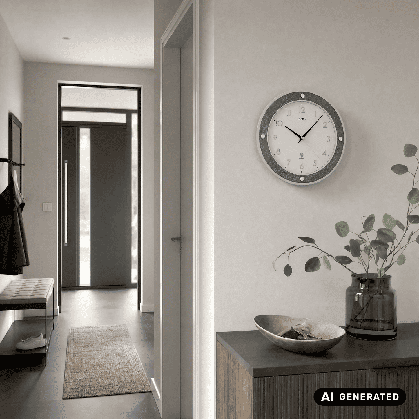 Funk-Wanduhr an der Wand, grauer Kreisrahmen, weißes Zifferblatt mit schwarzen Zeigern