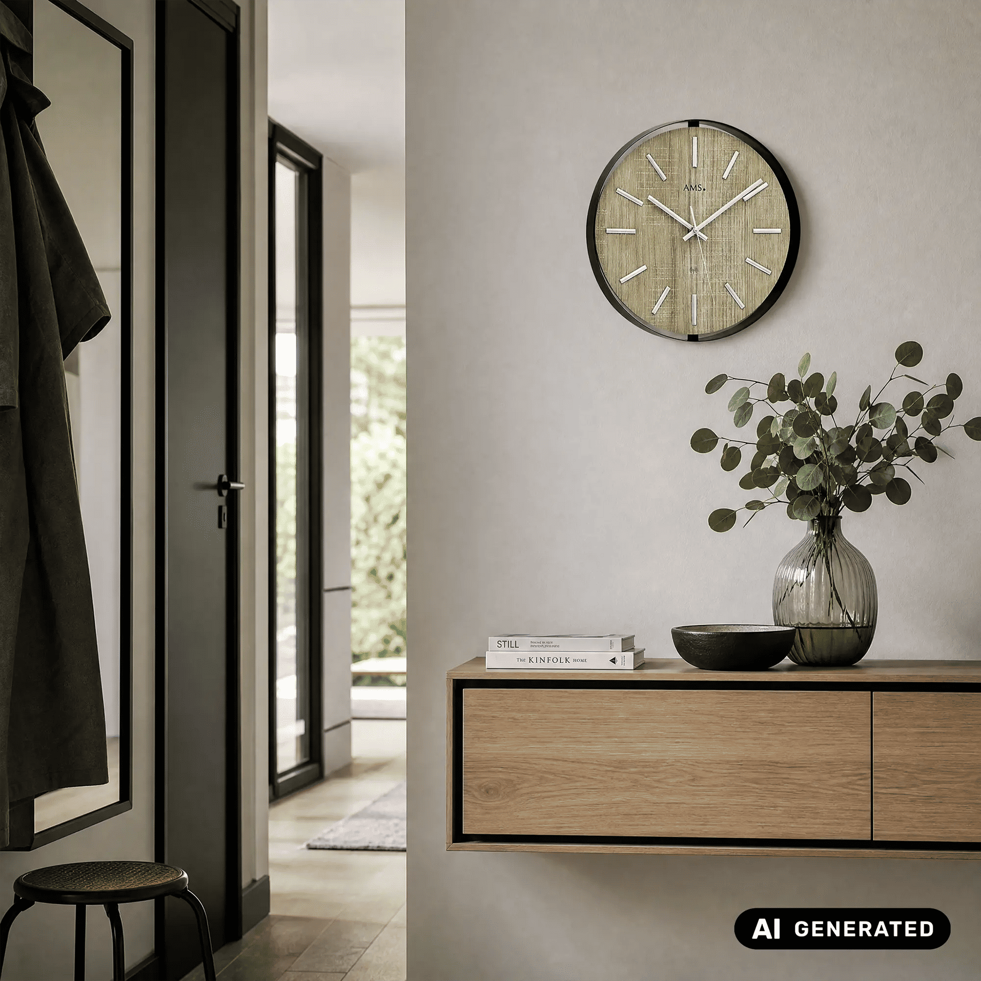 AMS Funk-Wanduhr rundes Design mit gold-beigem Ziffernblatt und silbernen Zeigern