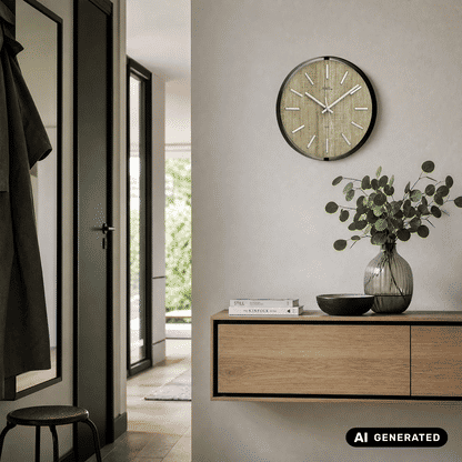 AMS Funk-Wanduhr rundes Design mit gold-beigem Ziffernblatt und silbernen Zeigern