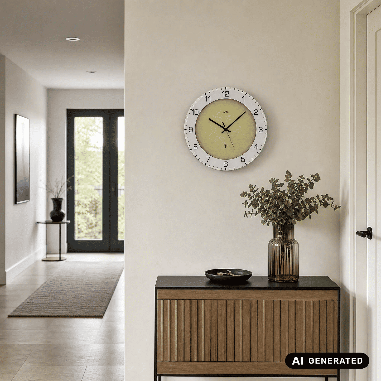 AMS Funk-Wanduhr mit hellgrauem Zifferblatt, weißen Ziffernring und schwarzen Zeigern