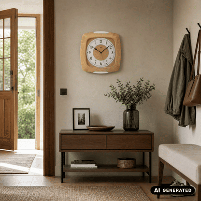 Quadratische Holz-Wanduhr mit Mineralglas und Funkanzeige, weißes Zifferblatt mit schwarzen Zeigern